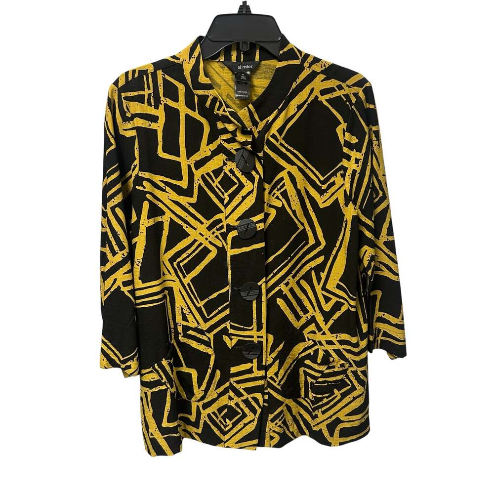 Ali Miles Black Yellow Abstract Geo Print Button Front Jacket Womens Medium